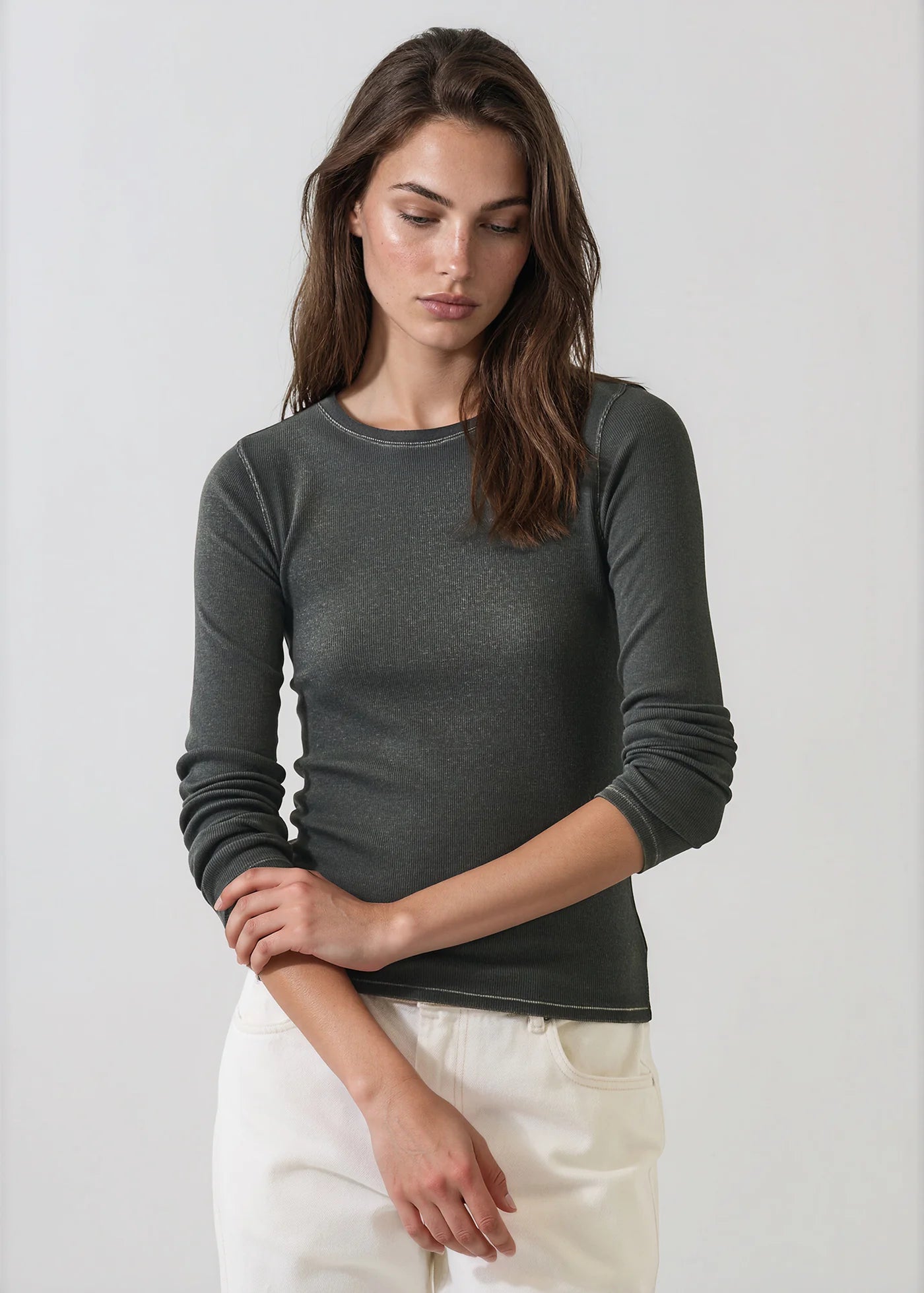 Patrick Assaraf Thyme Vintage Wash Pima Cotton Ribbed Long Sleeve