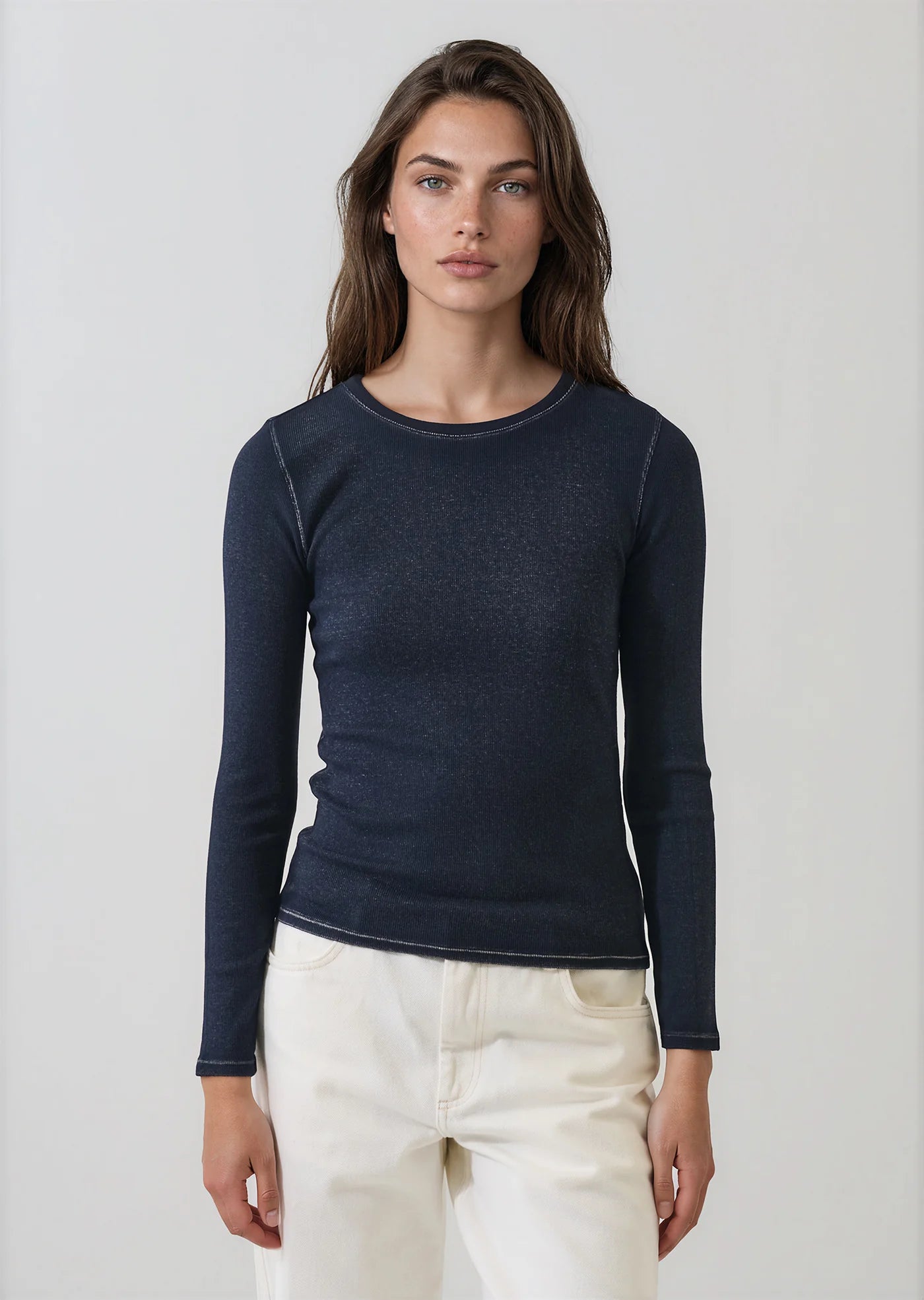 Patrick Assaraf Dark Navy Vintage Wash Pima Cotton Ribbed Long Sleeve