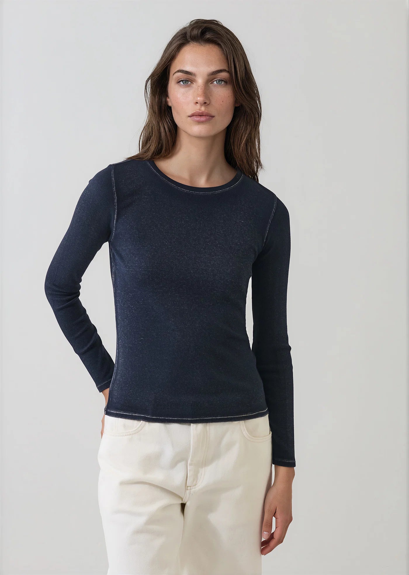 Patrick Assaraf Dark Navy Vintage Wash Pima Cotton Ribbed Long Sleeve