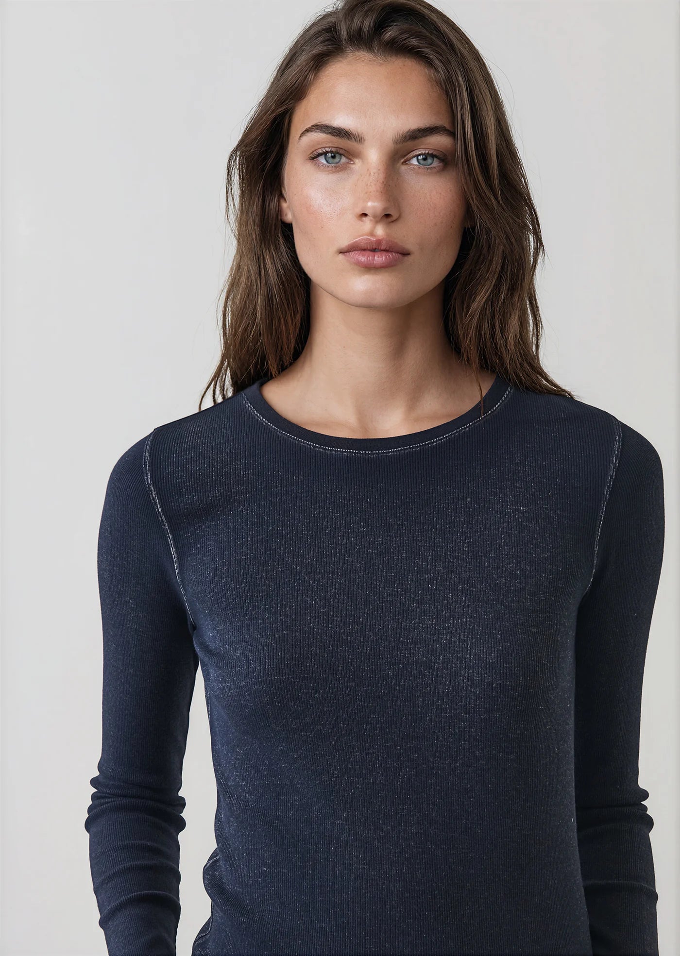 Patrick Assaraf Dark Navy Vintage Wash Pima Cotton Ribbed Long Sleeve