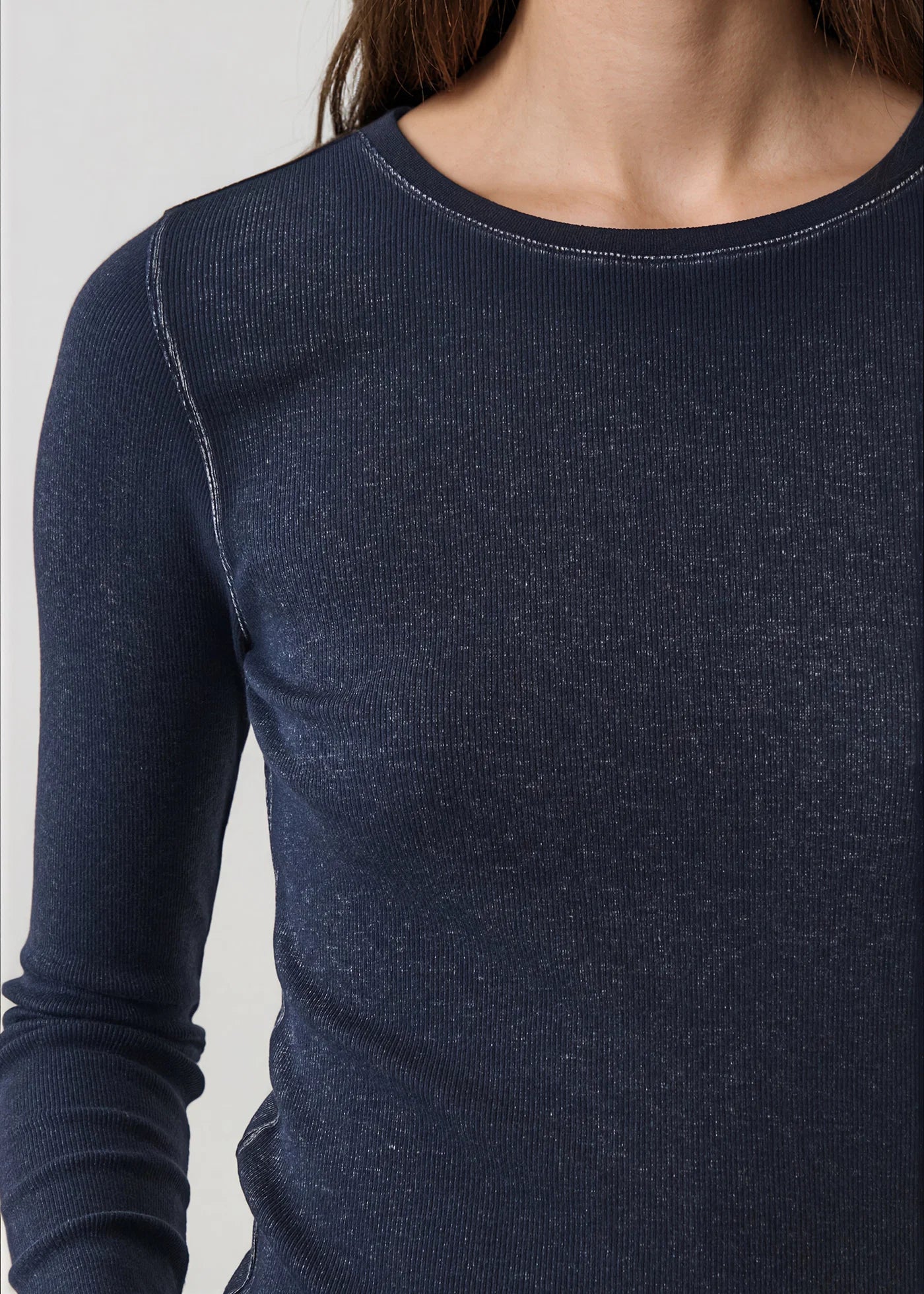 Patrick Assaraf Dark Navy Vintage Wash Pima Cotton Ribbed Long Sleeve