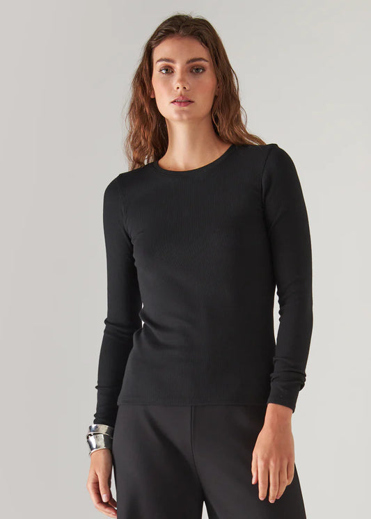 Patrick Assaraf Black Cotton Modal Ribbed Long Sleeve