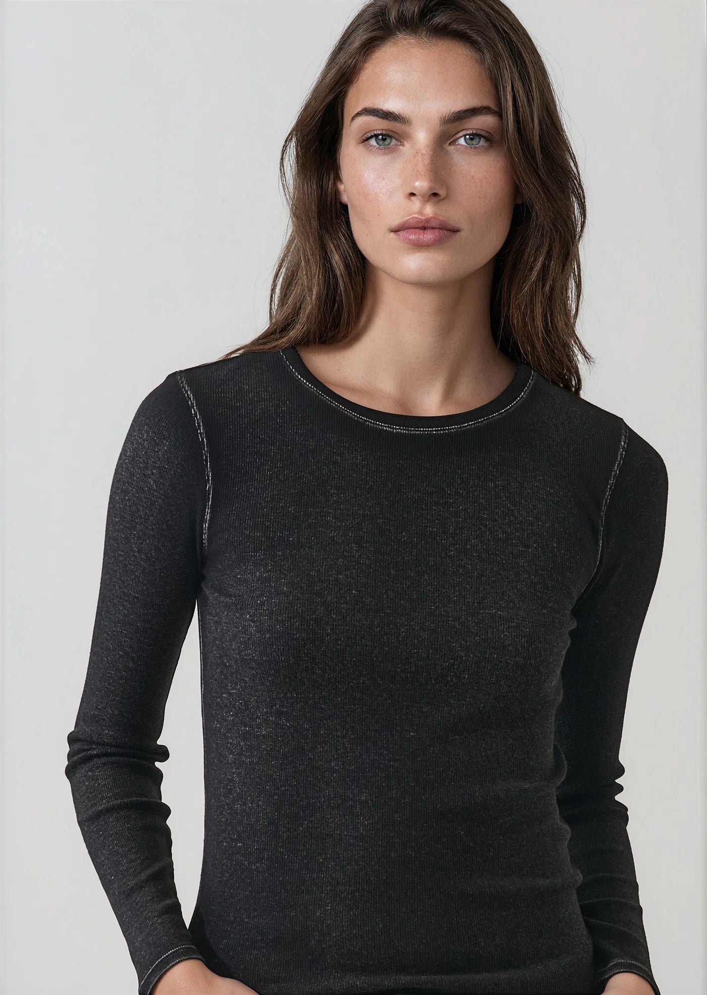 Patrick Assaraf Black Vintage Wash Pima Cotton Ribbed Long Sleeve