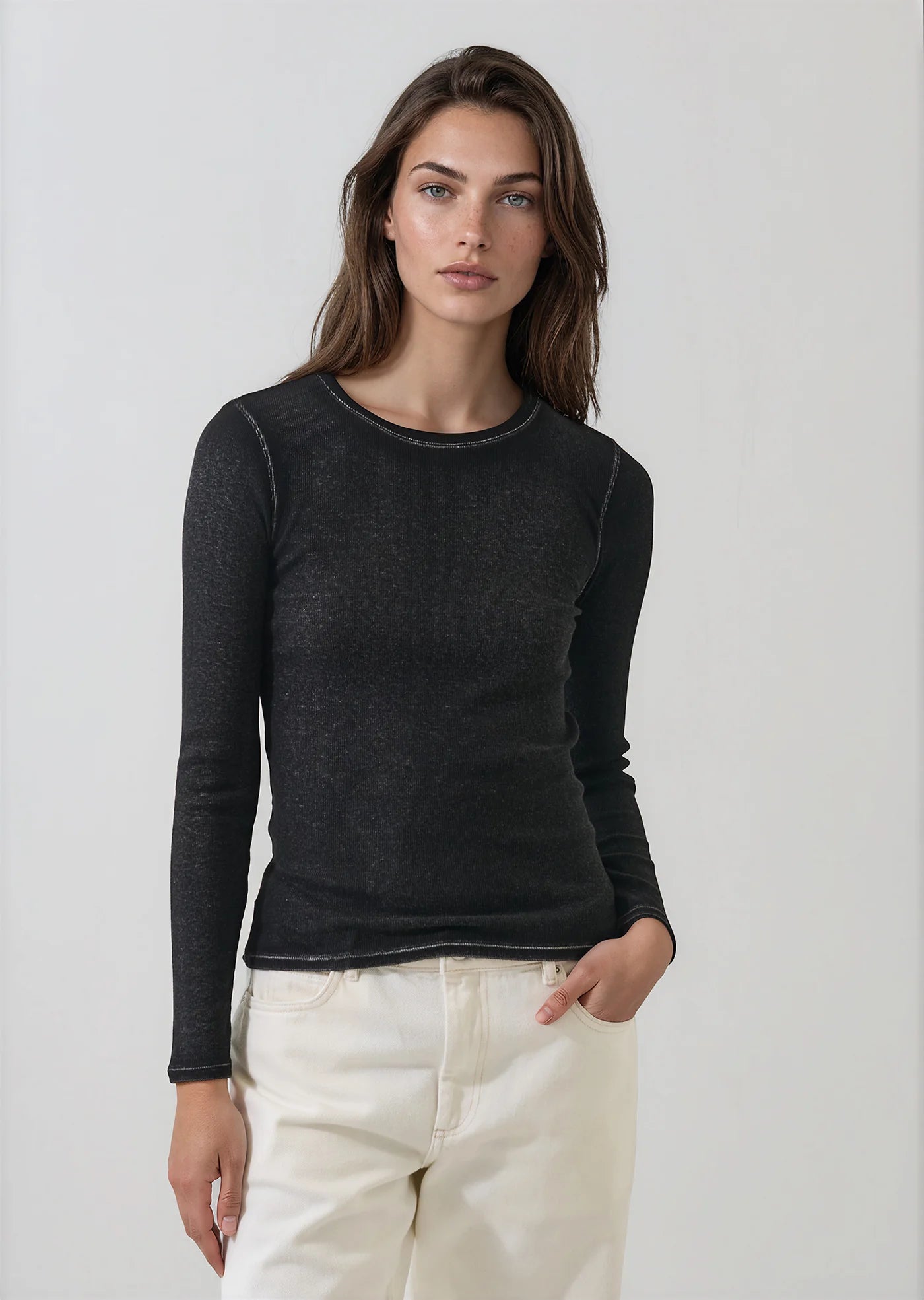Patrick Assaraf Black Vintage Wash Pima Cotton Ribbed Long Sleeve