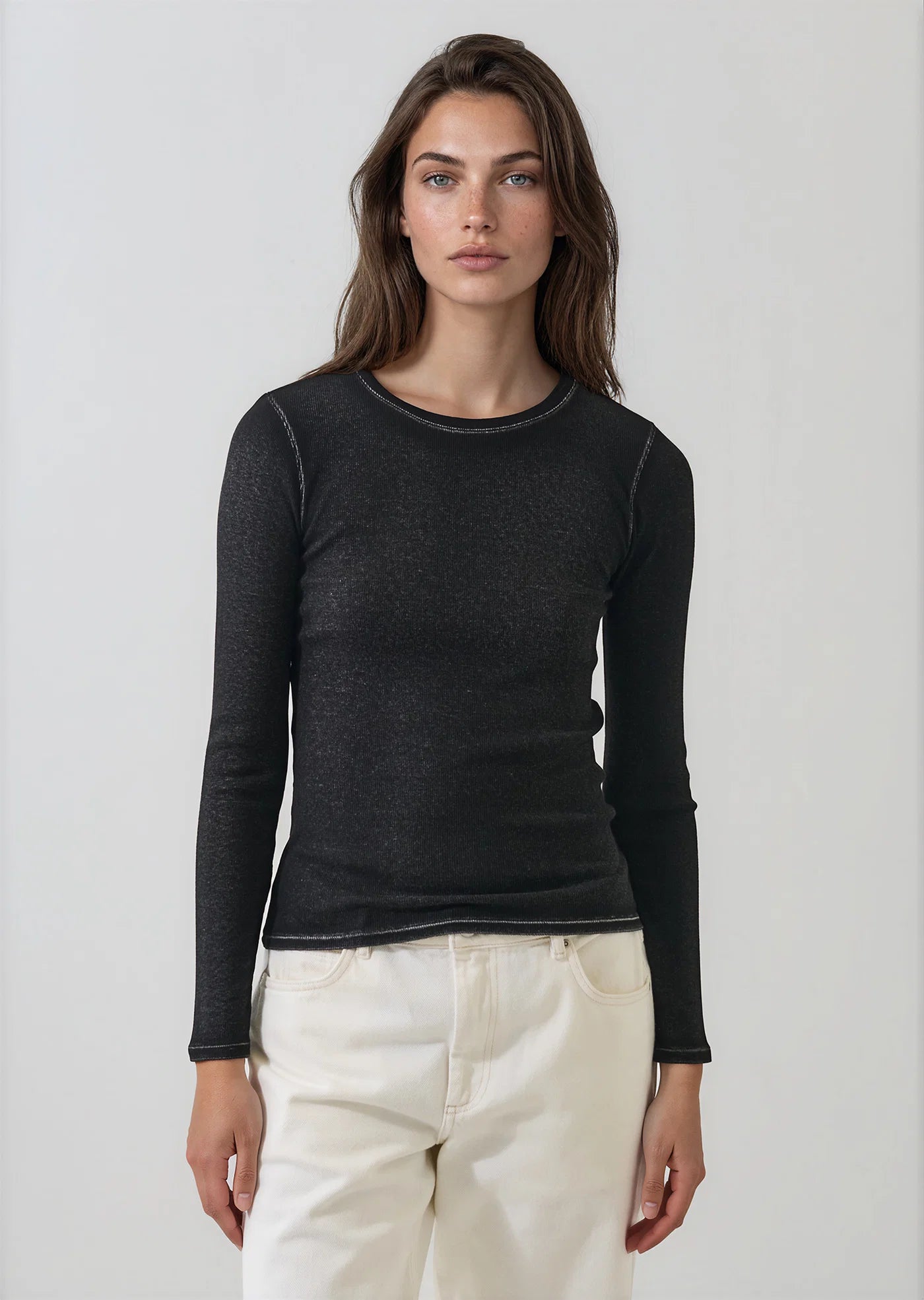 Patrick Assaraf Black Vintage Wash Pima Cotton Ribbed Long Sleeve