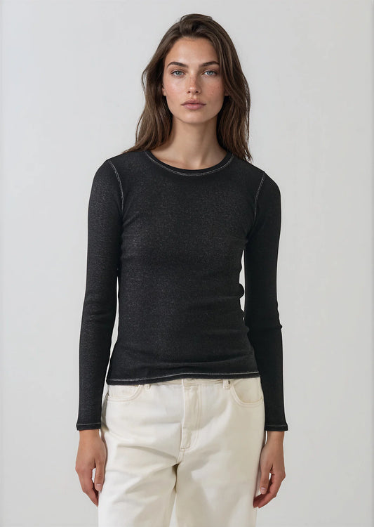 Patrick Assaraf Black Vintage Wash Pima Cotton Ribbed Long Sleeve
