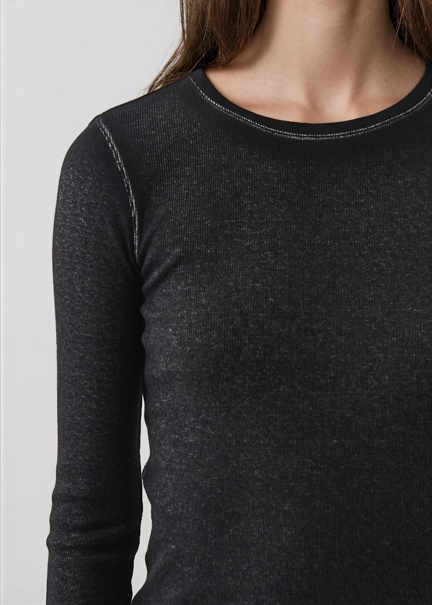 Patrick Assaraf Black Vintage Wash Pima Cotton Ribbed Long Sleeve
