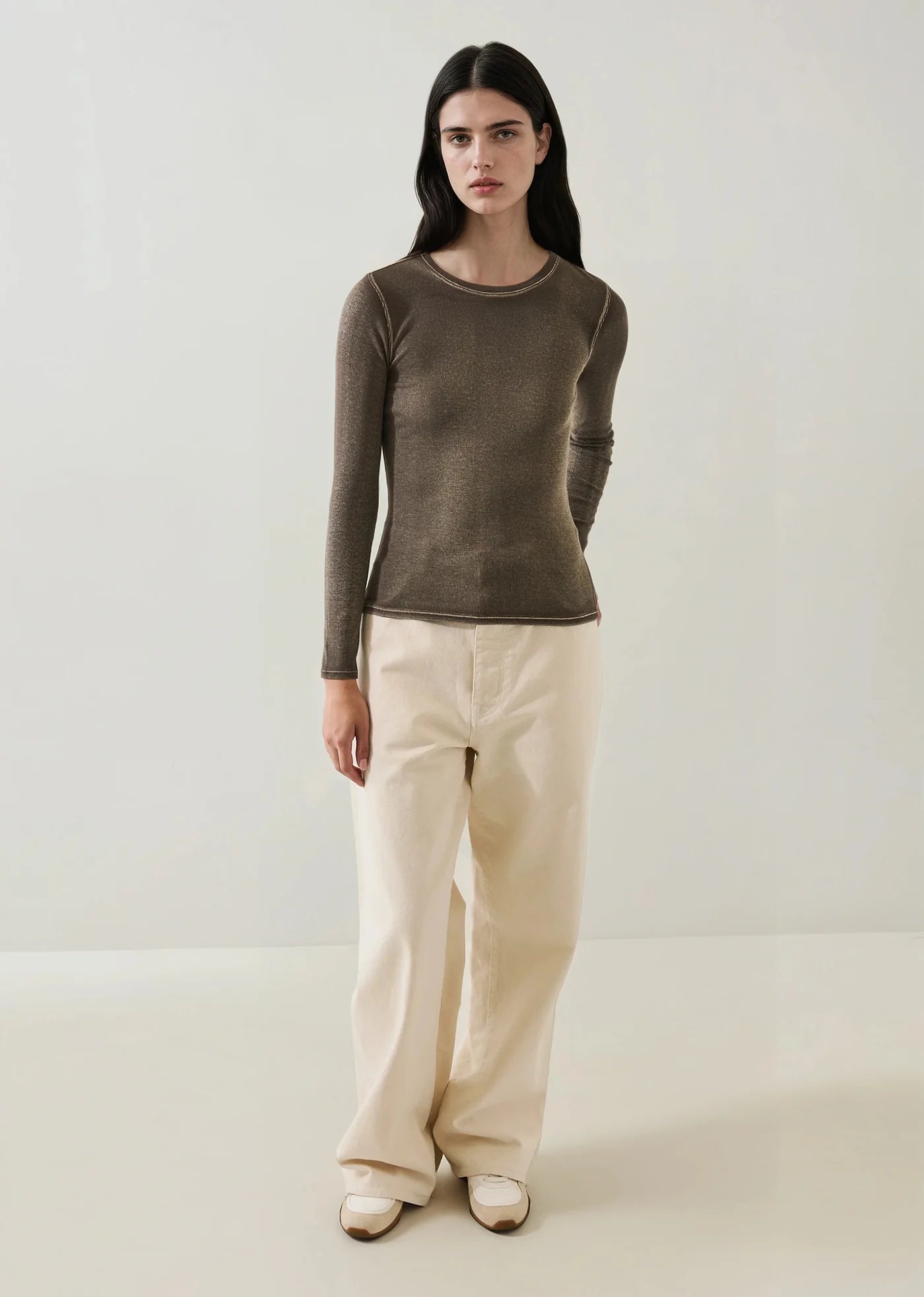 Patrick Assaraf Chestnut Cotton Modal Ribbed Long Sleeve