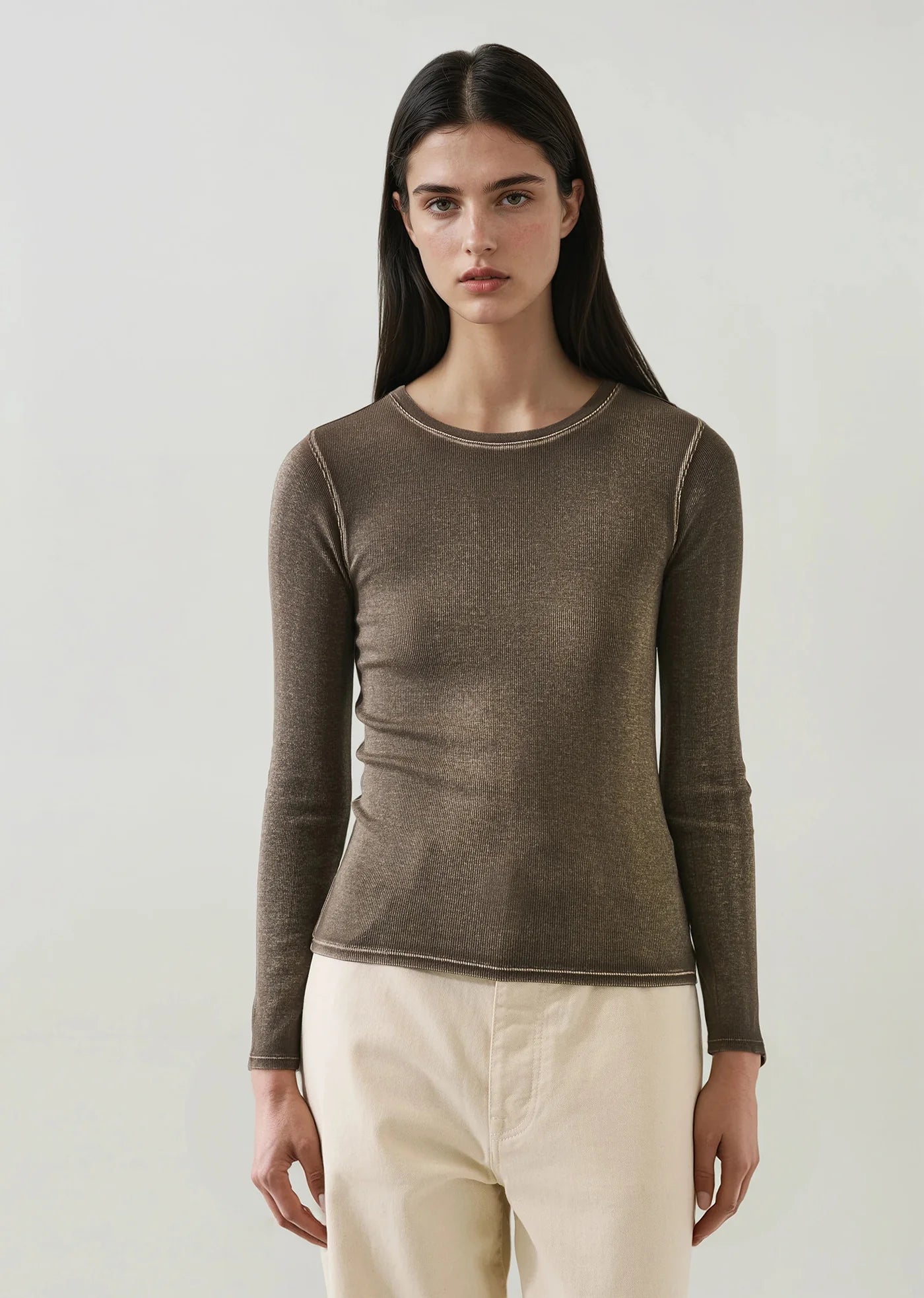 Patrick Assaraf Chestnut Cotton Modal Ribbed Long Sleeve