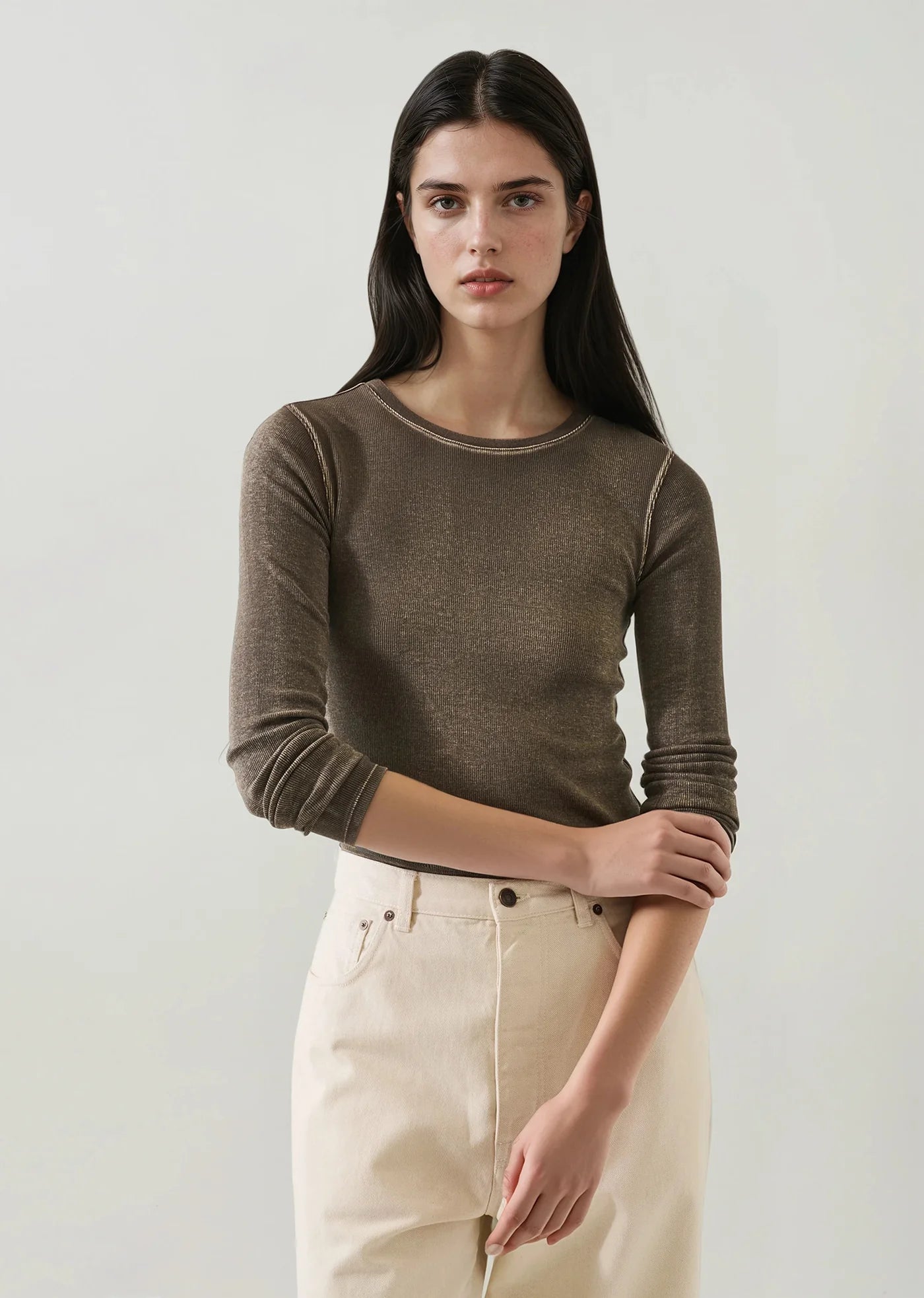Patrick Assaraf Chestnut Cotton Modal Ribbed Long Sleeve