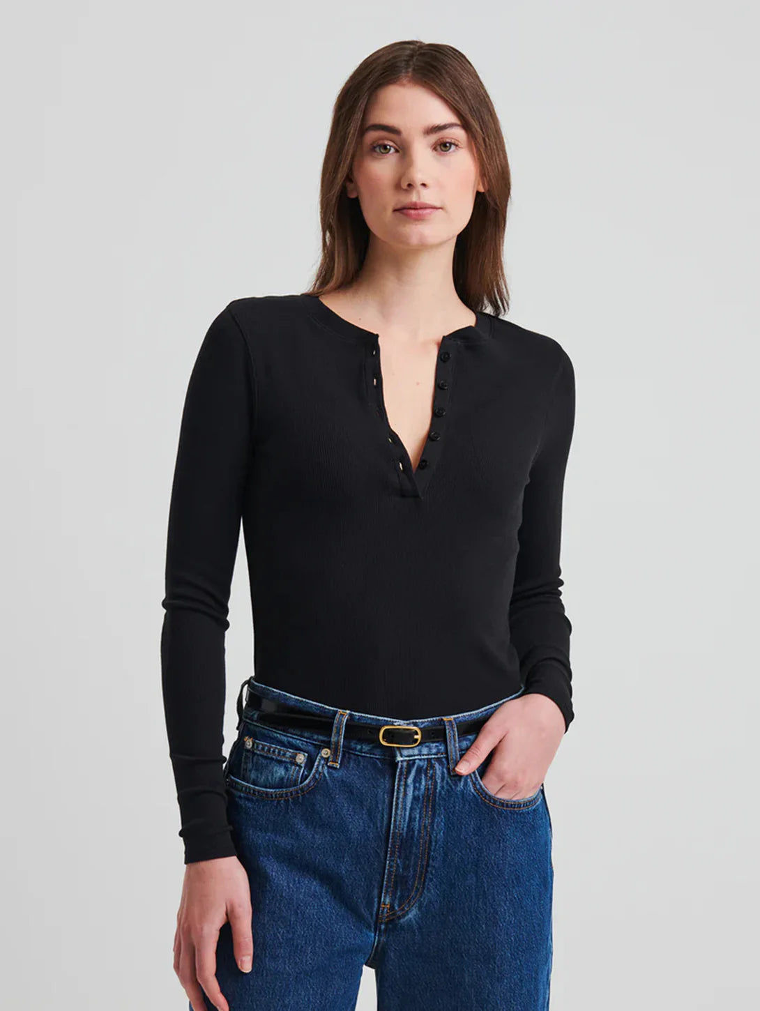 Patrick Assaraf Black Pima Cotton Ribbed Henley