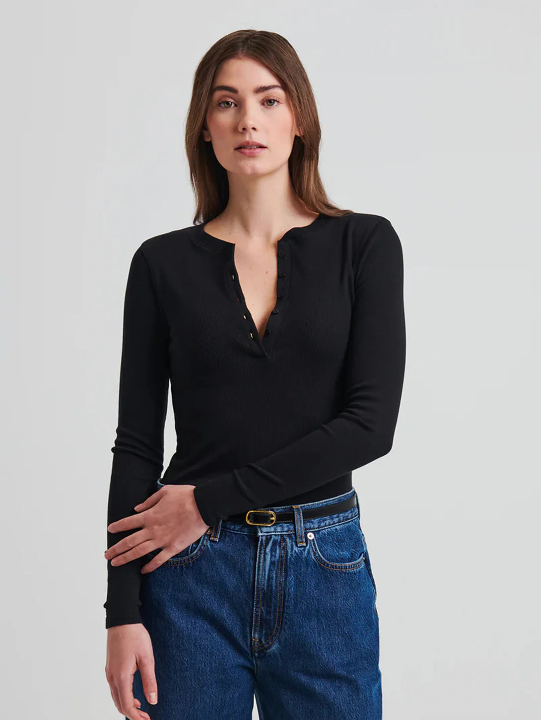 Patrick Assaraf Black Pima Cotton Ribbed Henley