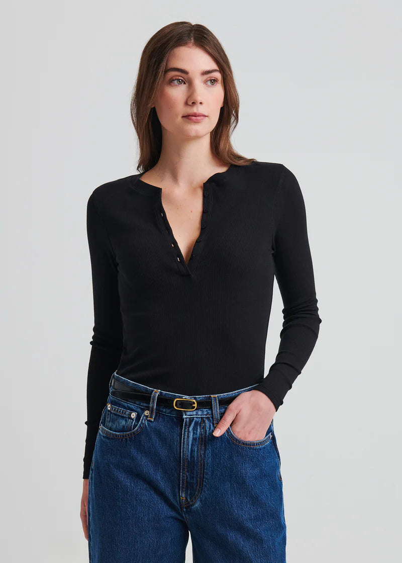 Patrick Assaraf Black Pima Cotton Ribbed Henley