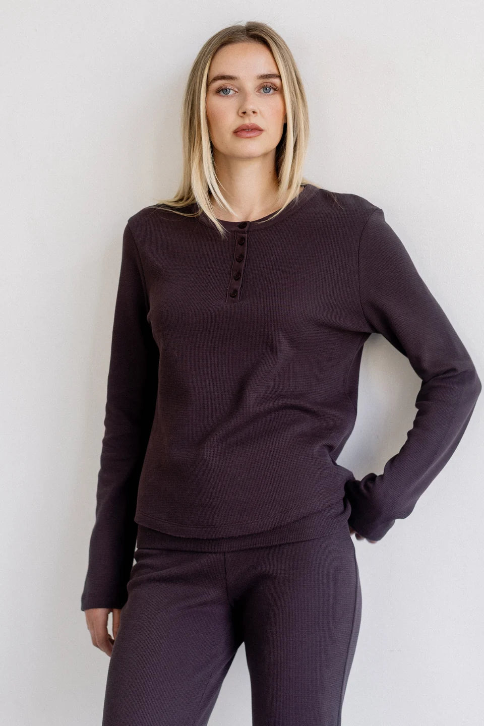 Brunette the Label Waffle Henley Top | Espresso