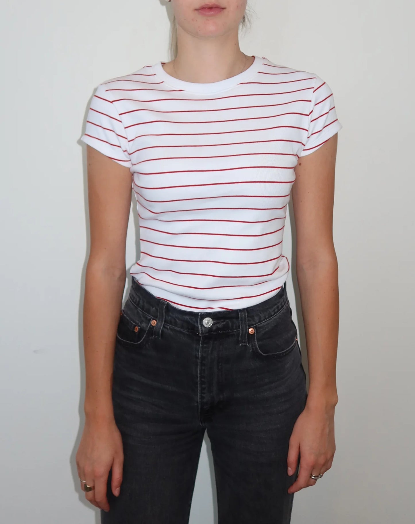 Brunette the Label The Ribbed Fitted Tee | White & Red Stripe