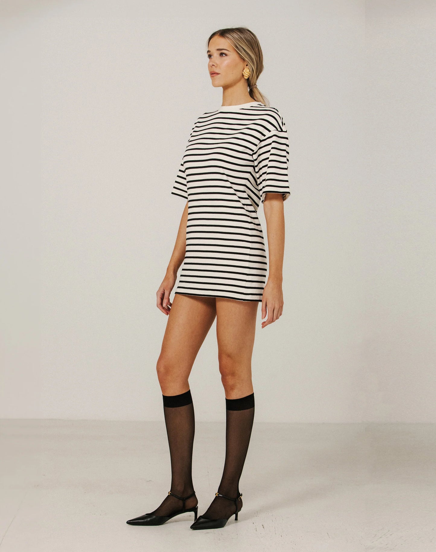 Brunette the Label Striped T-Shirt Dress | Cream with Black