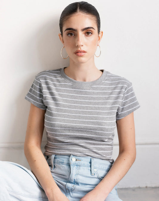 Brunette the Label The Ribbed Fitted Tee | Heather Grey & White Stripe