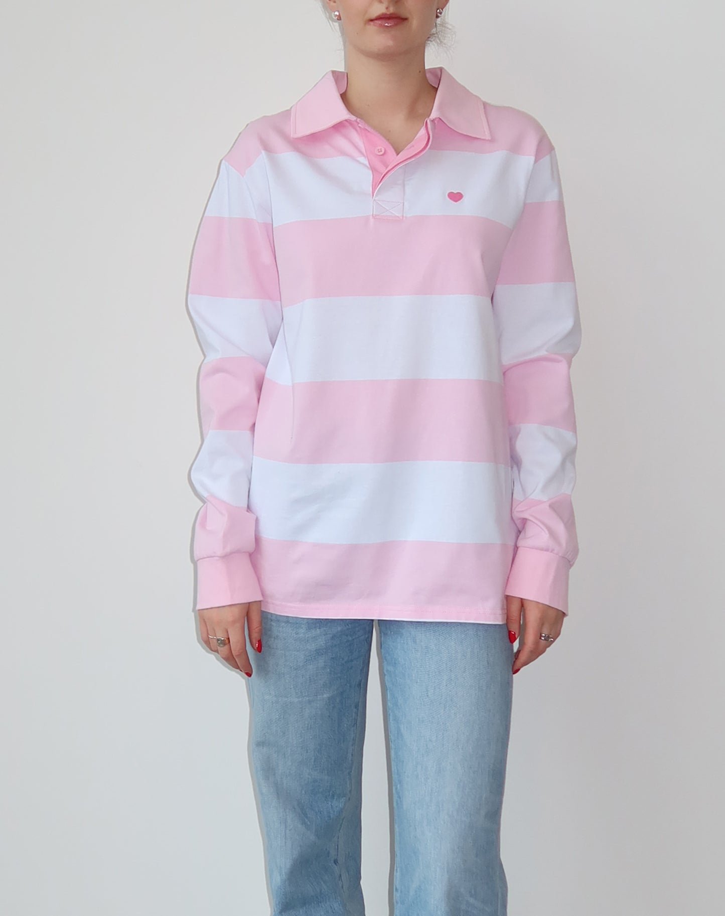 Brunette the Label The "HEART" Striped Rugby Shirt | Baby Pink & White