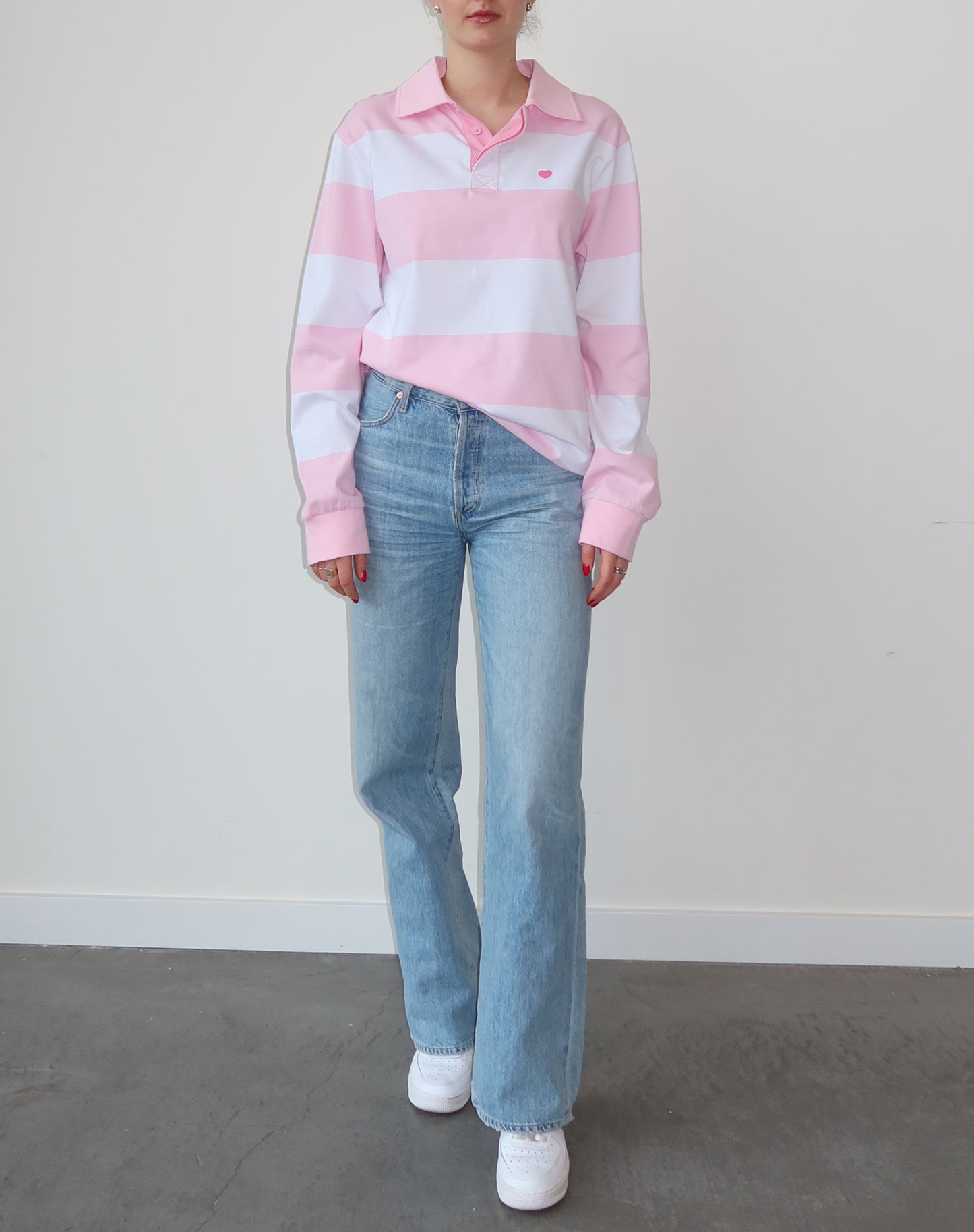 Brunette the Label The "HEART" Striped Rugby Shirt | Baby Pink & White