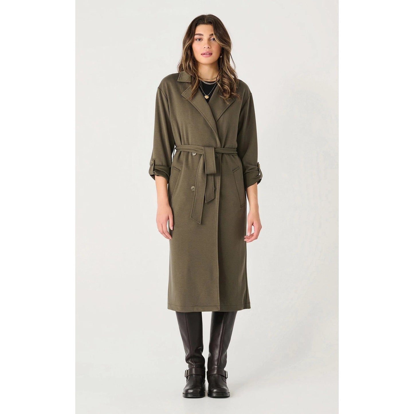 Dex Olive Double Breasted Knit Trench