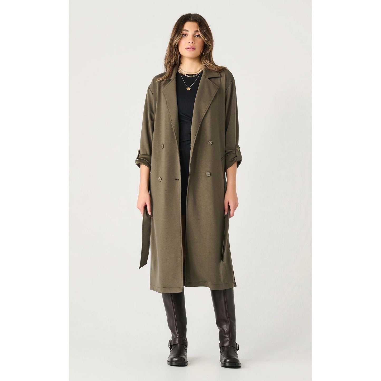 Dex Olive Double Breasted Knit Trench