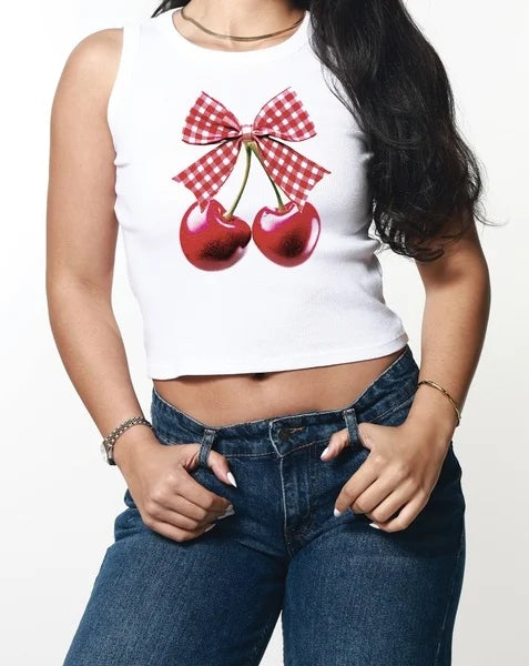 Girl Dangerous Cherry Bow Ribbed Tank