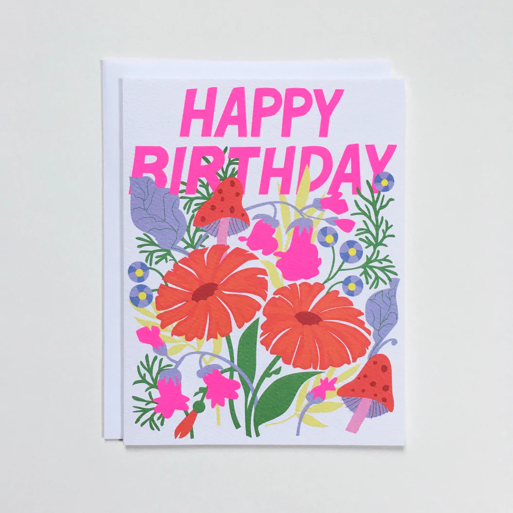 Banquet Happy Birthday Note Card with Mushrooms and Florals